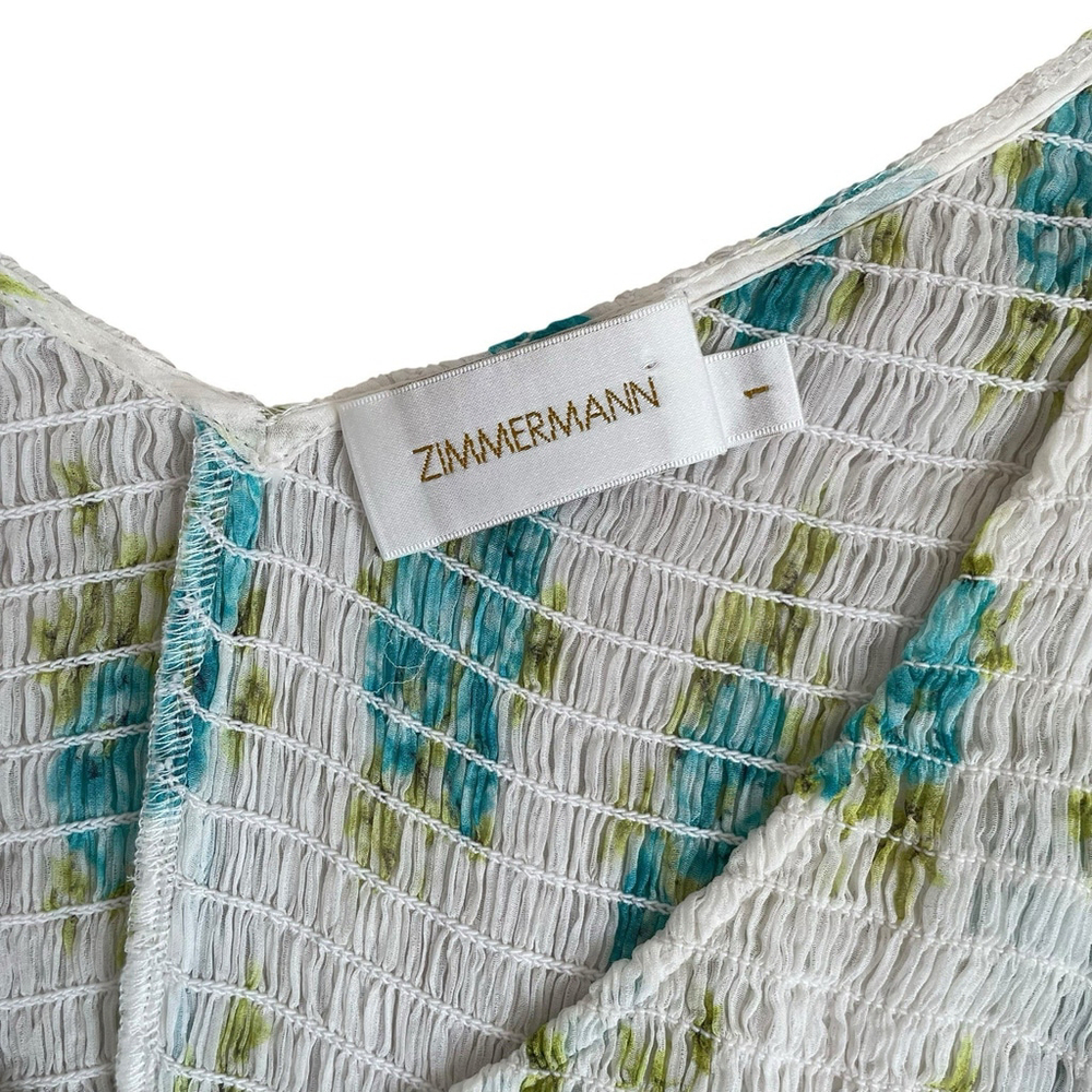 Zimmermann Silk Green White Floral Smocked Babydoll Mini Dress Size 1 M No Liner - Picture 8 of 16